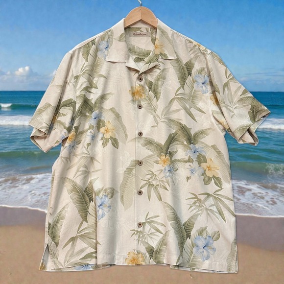 Tommy Bahama Other - Tommy Bahama Hawaiian Aloha Shirt Mens L 100% Silk Ivory Green Floral Camp EUC